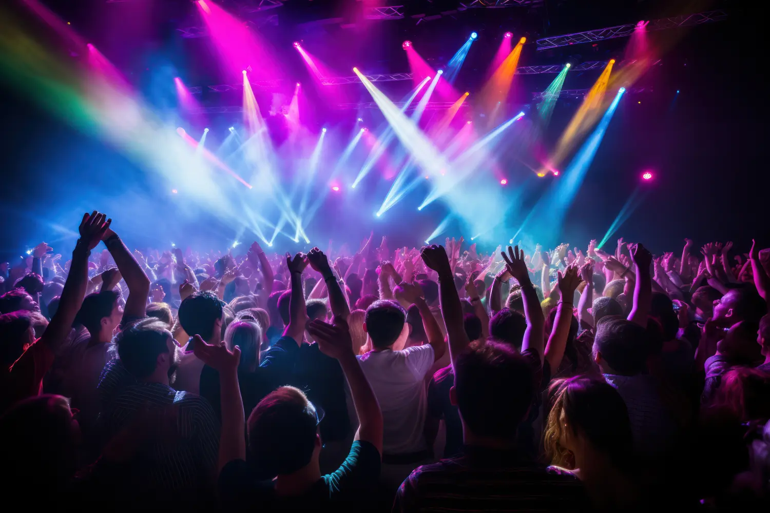 Silhouettiertes Konzertpublikum jubelt unter lebhaften Bühnenlichtern beim Musikfestival.