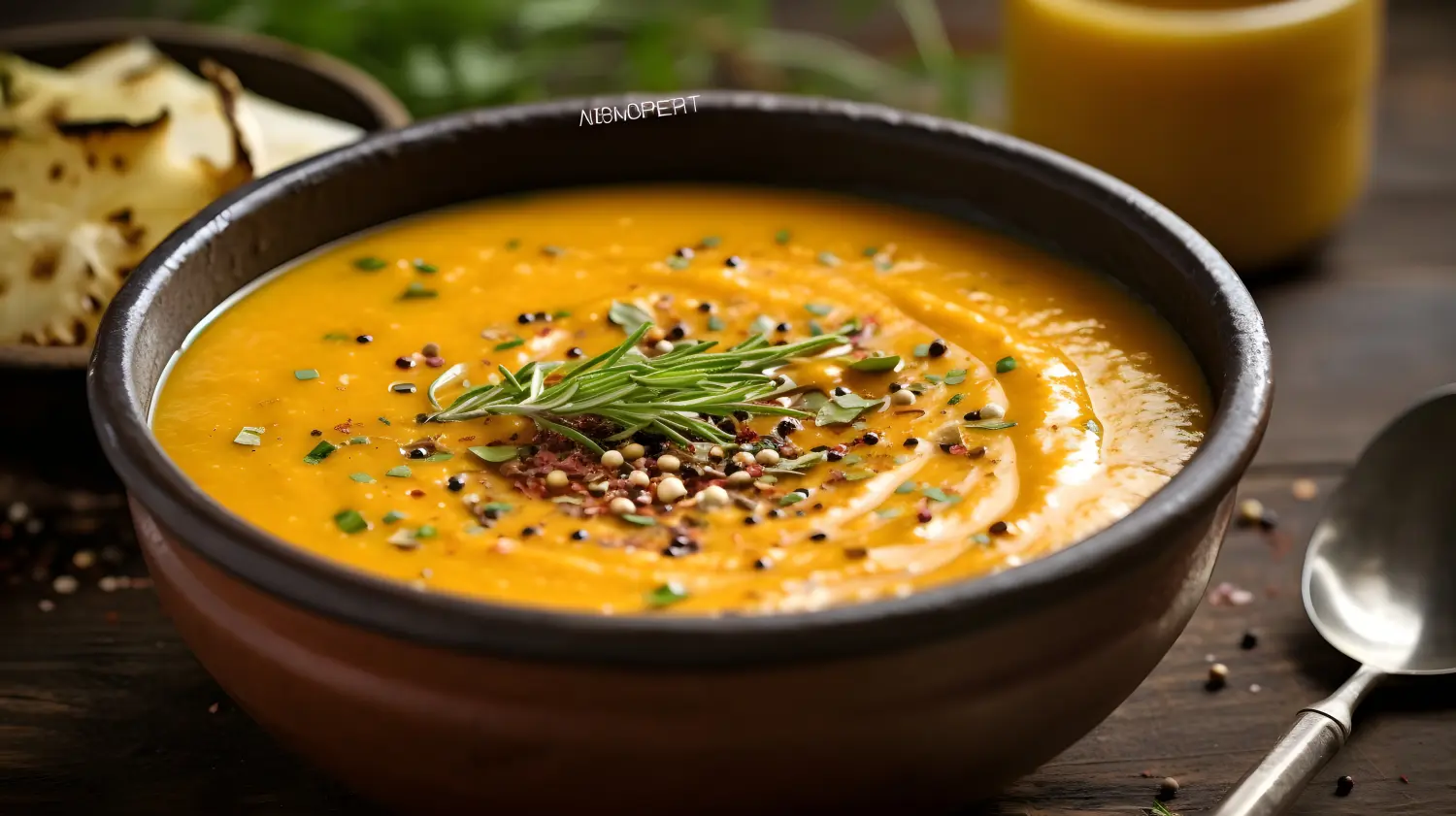 Eine Schüssel cremige und nahrhafte Süßkartoffel-Linsen-Suppe