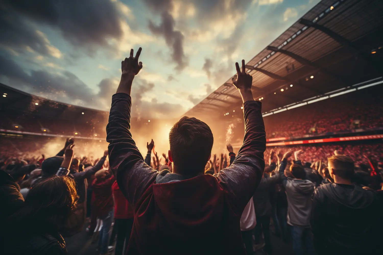 Fußball Fans feiern ihre Mannschaft bei der Europameisterschaft, Weltmeisterschaft im Stadion, Feuerwerk und jubelnde Zuschaue