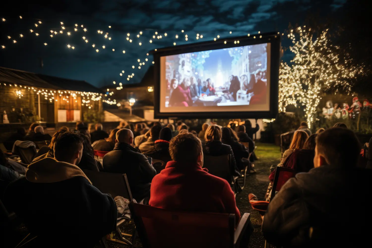 Open-Air-Kino im Winter. Menschen schauen sich Filme im Open-Air-Kino an