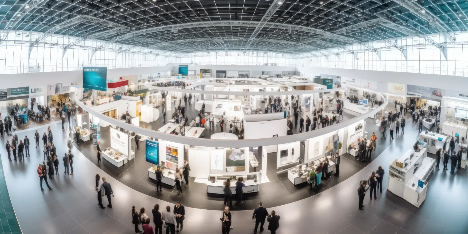 Messe, Ausstellung, Messestand, internationales Business-Kongress-Event-Showcase-Center mit einer großen Menschenmenge, die sich versammelt, um die Produkt- und Dienstleistungspräsentation zu sehen