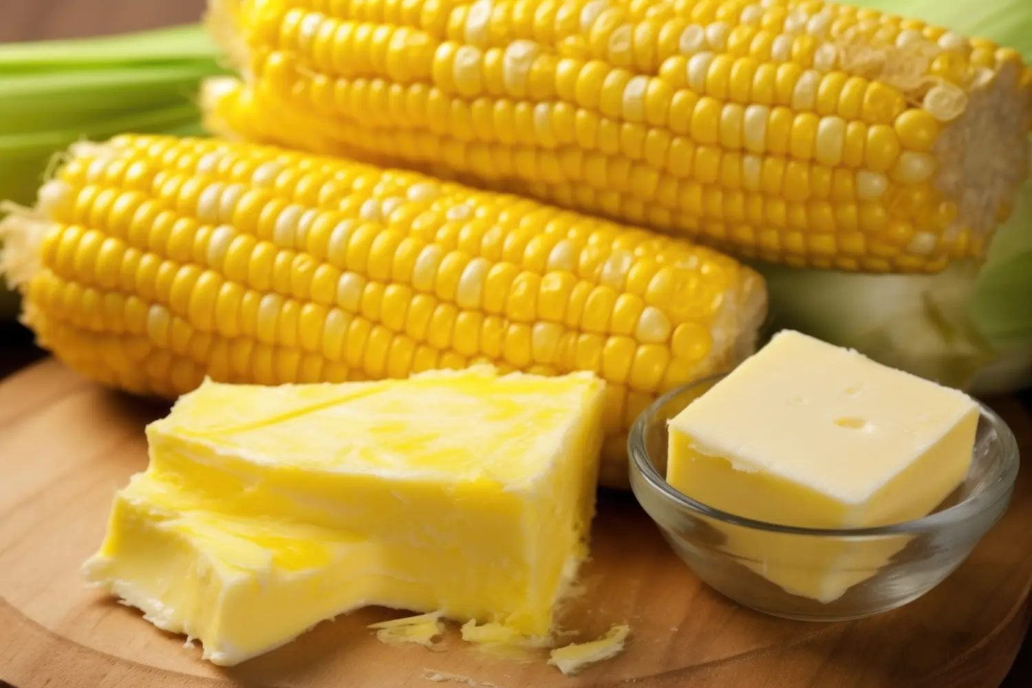 Zuckermaiskolben mit einem Butterkrug